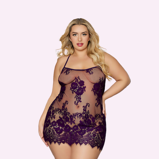 Floral Lace & Mesh Chemise - Purple