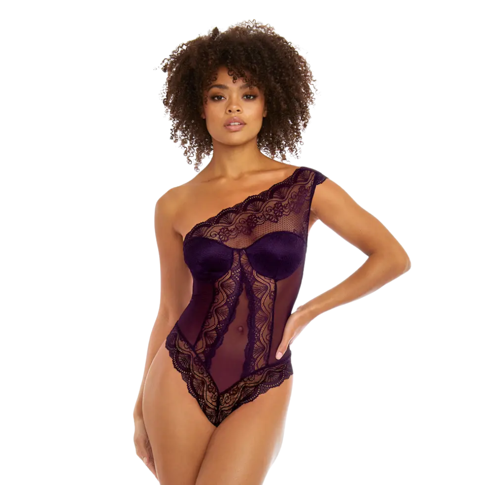 One-Shoulder Lace Bodysuit - Plum WAS $49