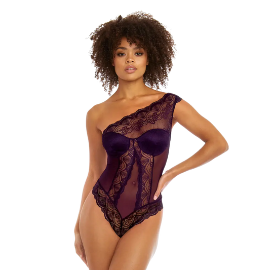 One-Shoulder Lace Bodysuit - Plum WAS $49